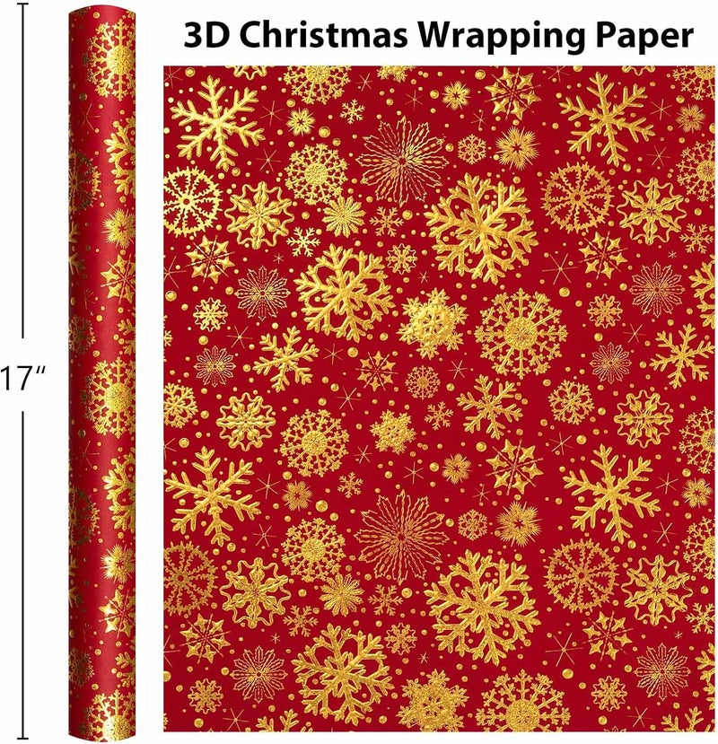 Yarcony Christmas Wrapping Paper, Embossed Snowflake Wrapping Paper, Kraft Classy Sparkle 3D Red & Gold Snowflake Holiday Gift Wrap for Winter Party, Festive Decoration (Mini Roll, 17 Inch X 33 Feet) - Image 3
